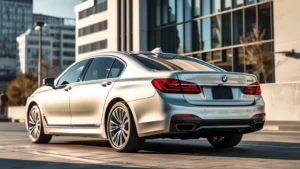 Sleek silver BMW 7 Series luxury sedan photographed from three-quarter angle in modern urban environment with contemporary architecture in background, professional automotive photography style, daytime lighting