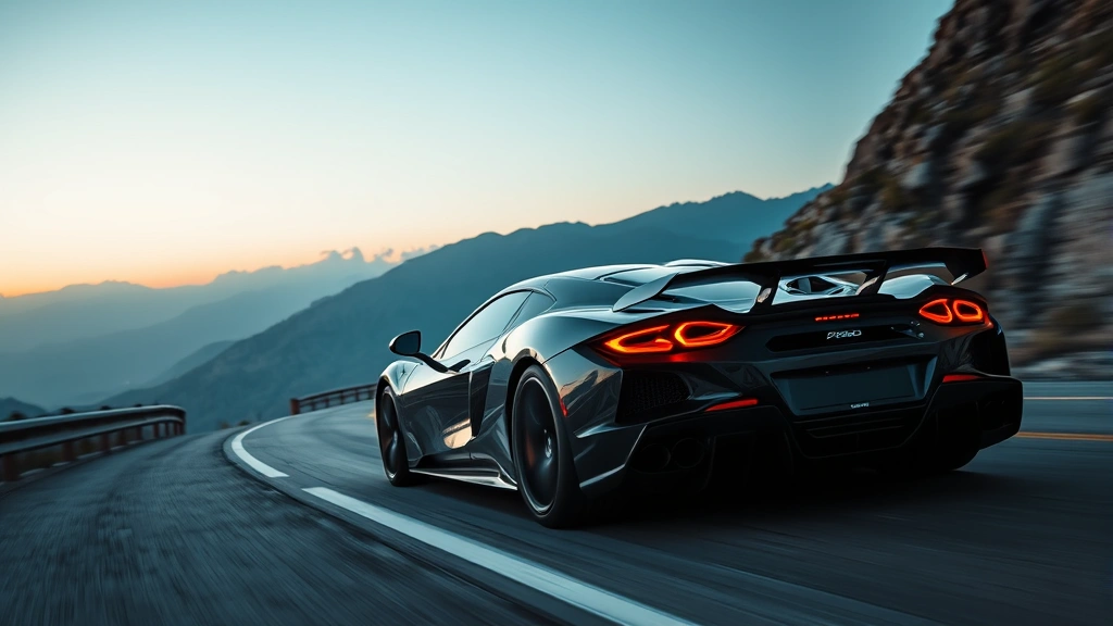 High-performance sports car on mountain road, dynamic angle, professional photography, dramatic lighting, motion blur background, sleek aerodynamic design visible