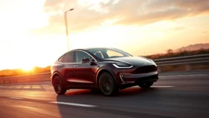 Tesla Model Y electric crossover in motion on a modern highway with sleek design visible, dramatic lighting at sunset, photorealistic automotive photography