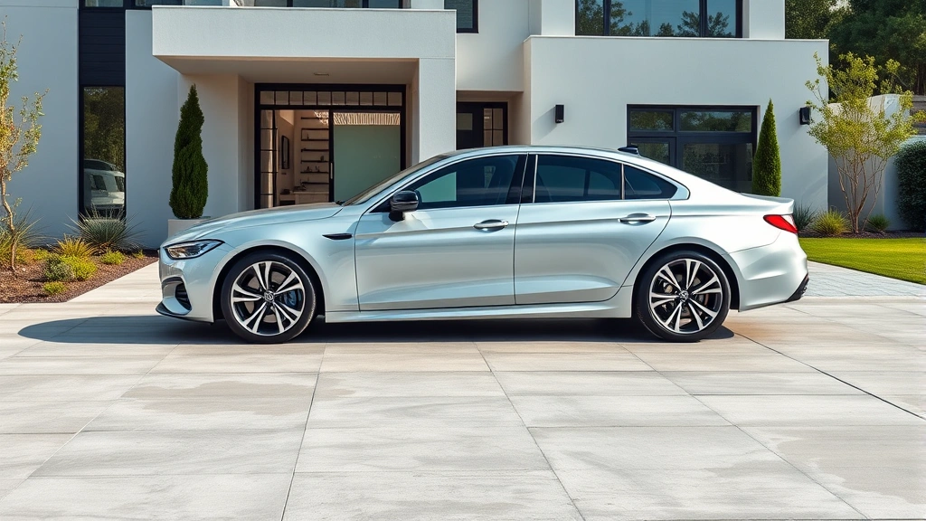 Sleek 2024 luxury sedan in metallic silver parked on modern concrete driveway with contemporary home background, professional automotive photography