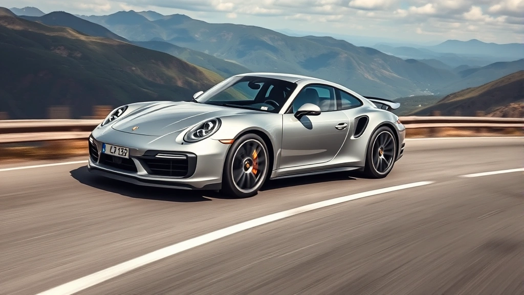 Porsche 911 Turbo coupe silver metallic driving on mountain road with scenic valley background, dynamic action shot showing aggressive aerodynamic design