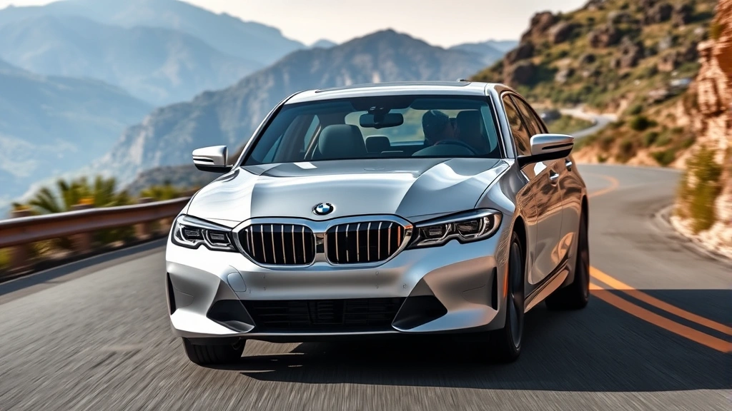 2024 BMW 340i sport sedan in silver metallic, front three-quarter view on mountain road, dynamic driving angle, professional automotive photography, daytime lighting, sharp focus on vehicle details
