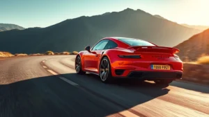 Red Porsche 911 Turbo S coupe driving on mountain road, dynamic angle, afternoon sunlight, wet asphalt, high-performance tires visible