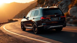 2024 BMW X7 M60i luxury SUV driving on winding mountain road, golden hour lighting, sharp focus on vehicle profile, pristine asphalt, dramatic landscape background
