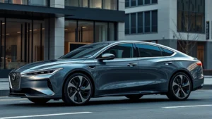 Sleek 2024 luxury sedan with aerodynamic design, polished metallic paint, parked on modern urban street with contemporary architecture background, professional automotive photography