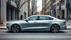 Modern 2024 luxury sedan parked on contemporary urban street with sleek lines and premium design, professional automotive photography, daytime, natural lighting