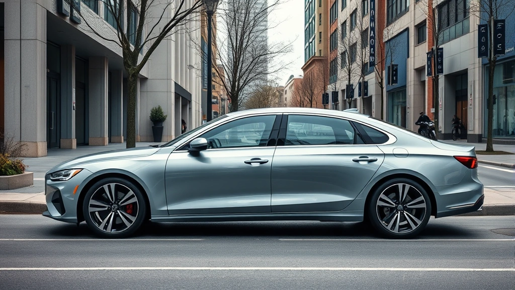 Modern 2024 luxury sedan parked on contemporary urban street with sleek lines and premium design, professional automotive photography, daytime, natural lighting
