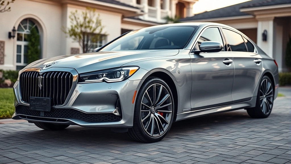 Premium luxury sedan parked on upscale driveway, metallic paint gleaming, sophisticated LED headlights, professional automotive photography