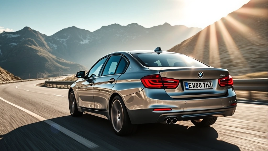 Luxury sedan BMW 330i sport edition driving through mountain roads, dynamic sunlight, premium interior visible through windows, professional automotive photography
