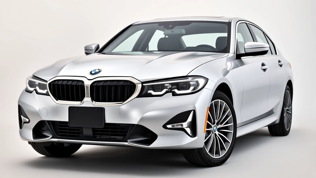 Professional 2024 BMW 3 Series luxury sedan photographed from three-quarter front angle in metallic silver, showcasing modern grille design and LED headlights against neutral background