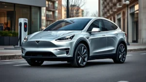 Sleek silver Tesla Model Y electric crossover photographed from three-quarter angle on modern urban street with charging station visible in background, professional automotive photography style