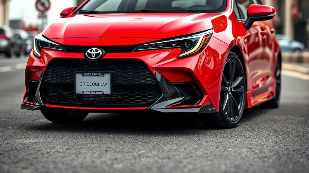 2024 Toyota GR Corolla in bright red, three-quarter front view, parked on asphalt with blurred urban background, showing aggressive front bumper and performance styling details