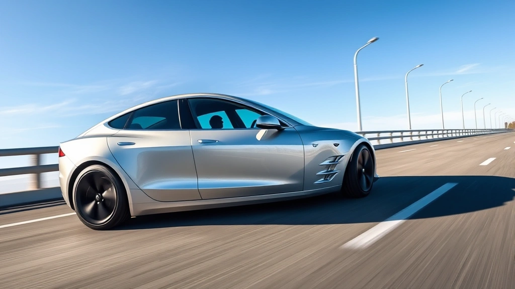 Sleek silver Tesla Model Y in motion on a modern highway with blue sky, aerodynamic design visible, dynamic angle