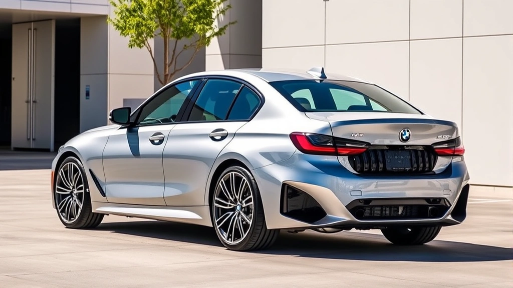 2024 BMW M340i sedan in metallic silver, photographed at three-quarter angle in bright daylight, showcasing turbocharged performance design elements and sophisticated styling