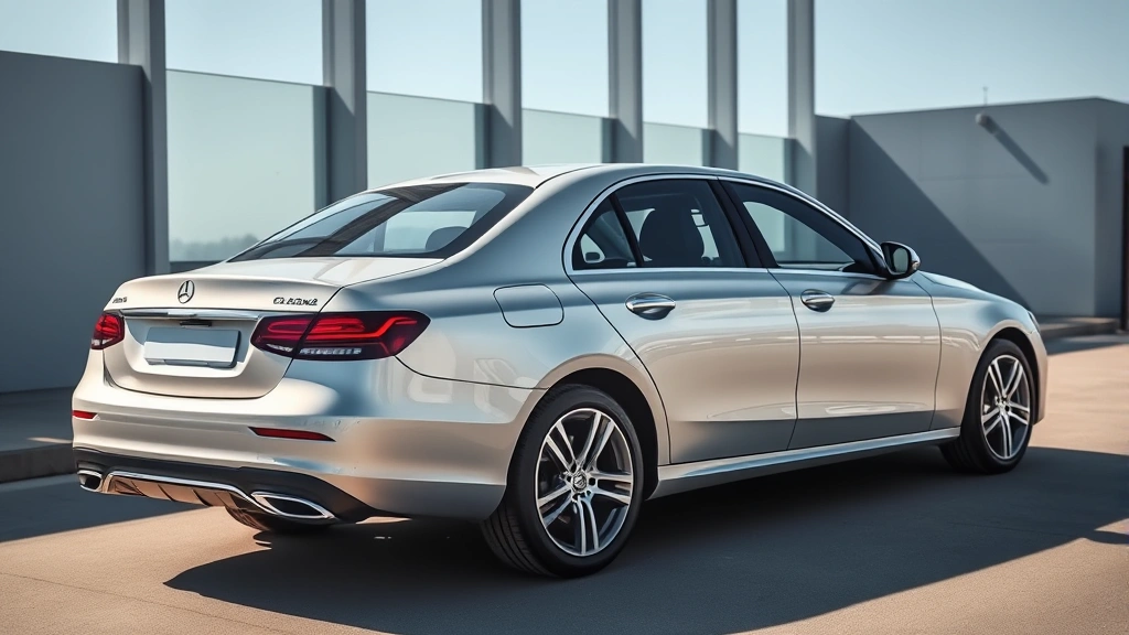 Sleek silver Mercedes-Benz E-Class sedan photographed from three-quarter angle in bright daylight, premium leather interior visible through windows, professional automotive photography style