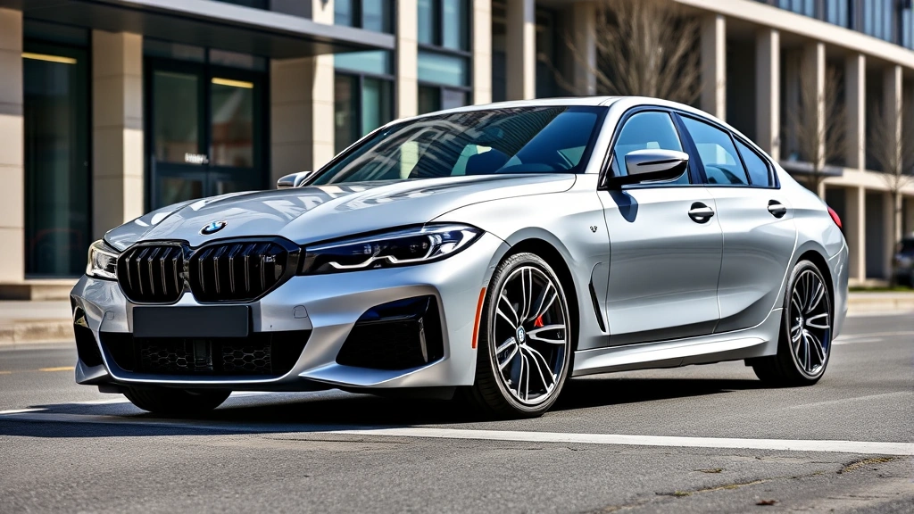 2024 BMW M440i xDrive sedan profile view, silver metallic paint, aggressive front grille design, 19-inch alloy wheels, parked on modern urban street with contemporary architecture background, professional automotive photography, daylight