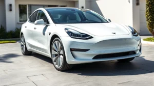Professional photography of 2024 Tesla Model 3 Long Range sedan in pearl white, three-quarter front view on clean modern driveway, bright daylight, sleek aerodynamic design visible