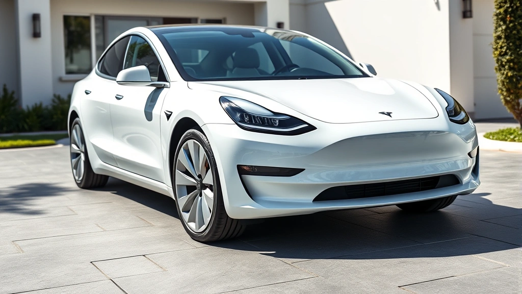 Professional photography of 2024 Tesla Model 3 Long Range sedan in pearl white, three-quarter front view on clean modern driveway, bright daylight, sleek aerodynamic design visible