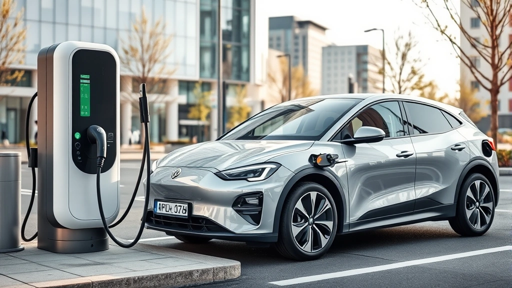 Modern electric vehicle charging at a public fast-charging station with urban background, sleek contemporary design, daylight photography