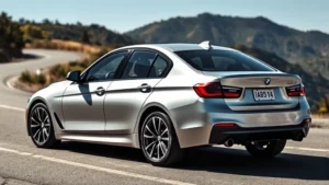 Sleek silver BMW 340i sedan photographed from three-quarter angle on mountain road, emphasizing sporty lines and turbocharged performance aesthetic, professional automotive photography style