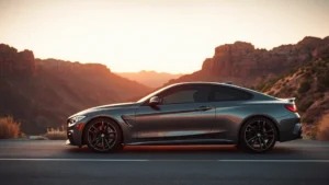 Sleek luxury performance sedan with aggressive body lines, premium wheel design, photographed at sunset on a mountain road with canyon backdrop, cinematic lighting highlighting metallic paint finish