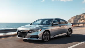 2024 Honda Accord sedan in silver driving on coastal highway with ocean backdrop, dynamic motion, professional automotive photography