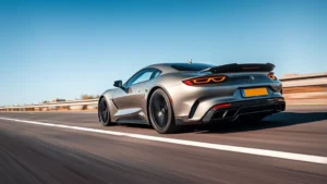 High-performance sports sedan accelerating on open highway, dynamic motion blur, professional photography, daylight, pristine condition, sleek aerodynamic design visible