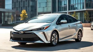 2024 Toyota Prius Prime in sleek silver, photographed from three-quarter front angle in modern urban setting with glass buildings, natural daylight, premium hybrid design highlighted