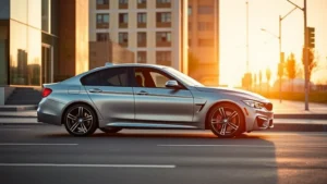 Sleek silver BMW M440i xDrive sedan parked on modern urban street at sunset, professional automotive photography, sharp focus on luxury exterior styling and M Sport wheels