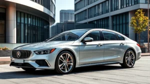 Modern luxury sedan parked in urban setting with contemporary architecture background, sleek design, premium materials visible