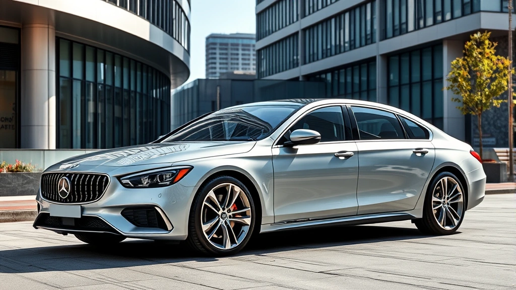 Modern luxury sedan parked in urban setting with contemporary architecture background, sleek design, premium materials visible