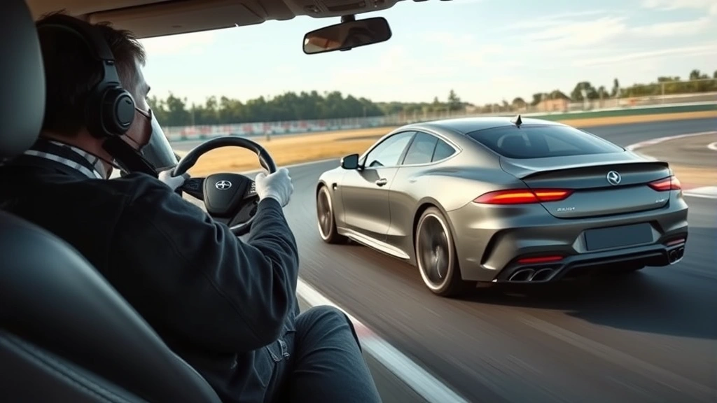 Professional automotive test driver conducting high-speed performance evaluation on closed circuit track, luxury sedan with aggressive body lines captured mid-turn on asphalt