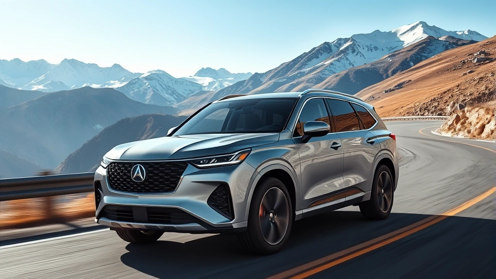 Luxury performance SUV in metallic silver driving on winding mountain road with snow-capped peaks in background, dynamic angle showcasing sleek profile and aggressive front grille design