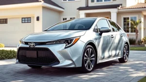 2024 Toyota Corolla Hybrid silver sedan parked in modern suburban driveway, three-quarter front angle, daylight, clean contemporary home background