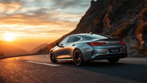 Modern luxury sedan in silver driving on a winding mountain road at sunset with dramatic lighting