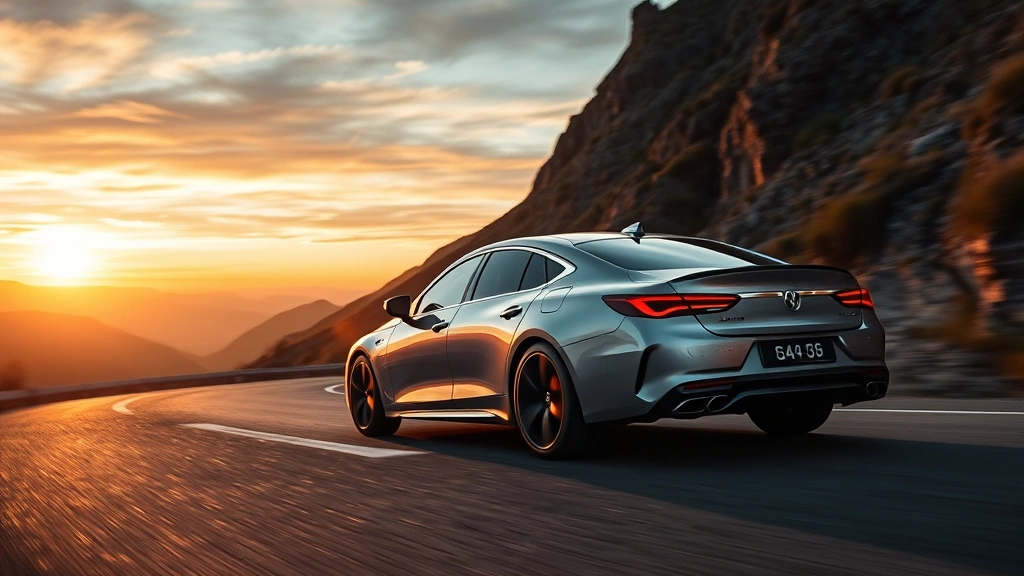 Modern luxury sedan in silver driving on a winding mountain road at sunset with dramatic lighting