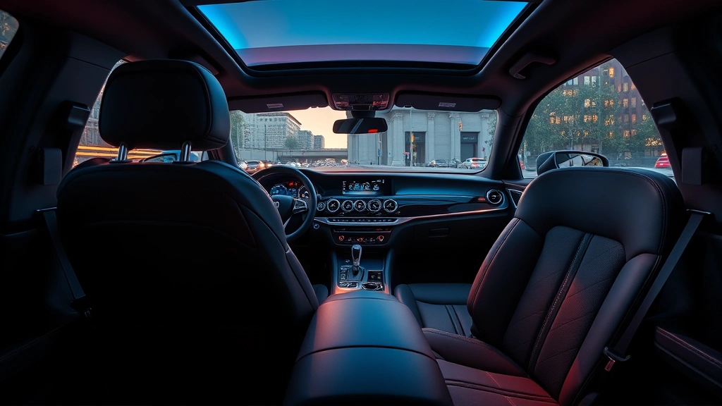 High-end luxury sedan interior with premium leather seats, ambient lighting, and modern infotainment system dashboard, photorealistic detail