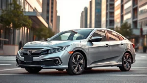 Sleek 2024 Honda Civic sedan in silver, three-quarter front view on modern urban street, professional automotive photography
