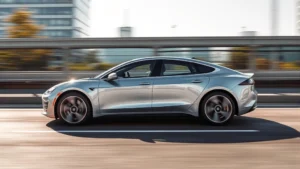 Sleek silver luxury electric sedan accelerating on modern highway, motion blur in background, premium wheels reflecting sunlight, contemporary architecture distant