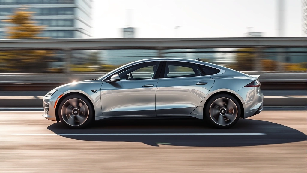 Sleek silver luxury electric sedan accelerating on modern highway, motion blur in background, premium wheels reflecting sunlight, contemporary architecture distant