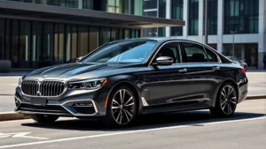 Premium sedan parked in modern urban setting with sleek lines and elegant proportions, daylight photography showing luxury details