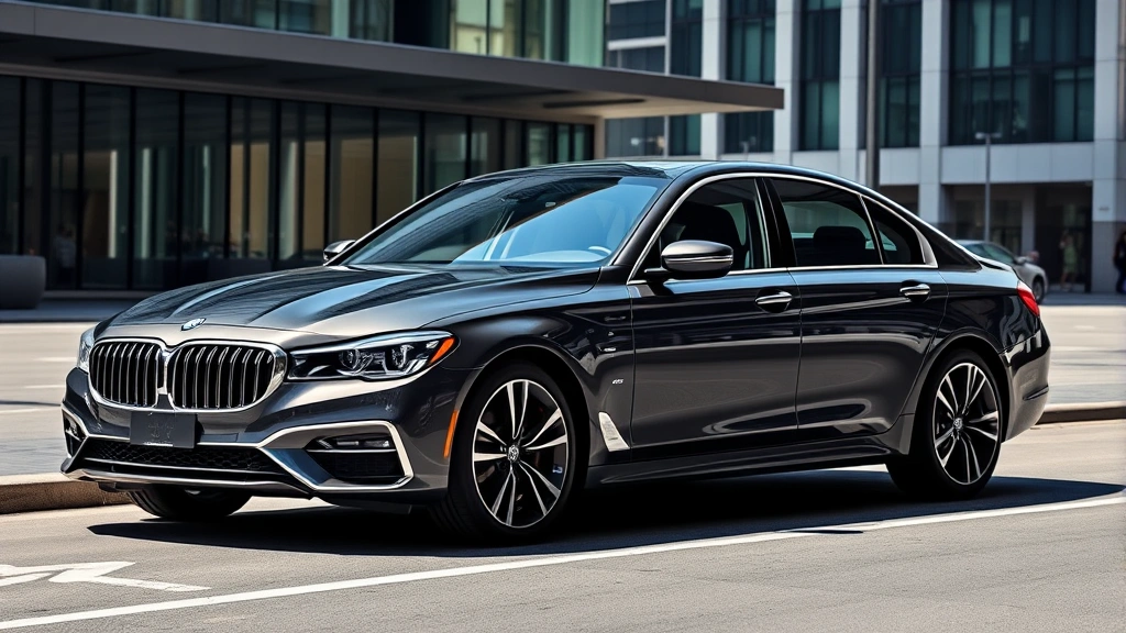 Premium sedan parked in modern urban setting with sleek lines and elegant proportions, daylight photography showing luxury details