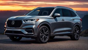Luxury midsize SUV with sleek metallic silver paint, modern LED headlights, premium alloy wheels, photographed at sunset on mountain overlook with dramatic lighting