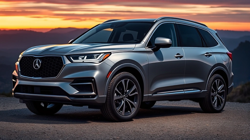 Luxury midsize SUV with sleek metallic silver paint, modern LED headlights, premium alloy wheels, photographed at sunset on mountain overlook with dramatic lighting