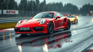 Red Porsche 911 Turbo S photographed from three-quarter angle on wet track, rain droplets on windshield, blurred motion background, professional motorsport lighting