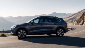 Sleek luxury SUV photographed from three-quarter angle on a winding mountain road with alpine scenery, showing premium exterior design and aggressive stance, natural daylight