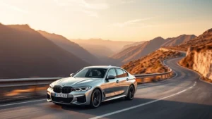 2024 BMW M440i xDrive metallic silver sedan parked on winding mountain road with dramatic landscape backdrop, professional automotive photography, motion blur on background