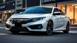 Professional automotive photography of a Honda Civic sedan in pearl white, three-quarter front angle, modern urban street background, clean sharp focus on vehicle exterior design details