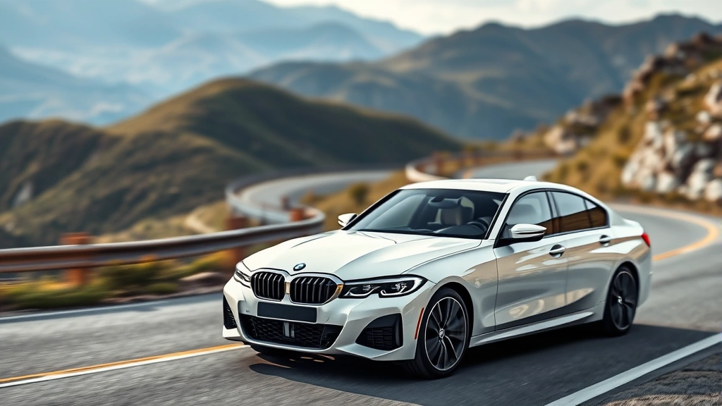 2024 BMW 3 Series M340i in alpine white, photographed from three-quarter front angle on winding mountain road with blurred landscape background, professional automotive photography