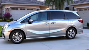 2024 Honda Odyssey silver minivan parked in suburban driveway with family-friendly landscaping, professional automotive photography, bright daylight, clean condition